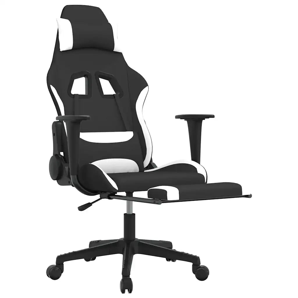 Sedia da Gaming | Sedia da e-sports Massaggio e Poggiapiedi Tessuto Nero e Bianco