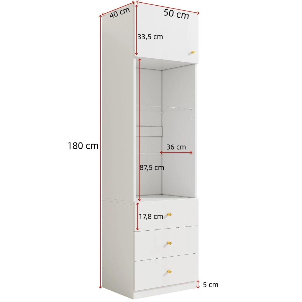 Vetrina alta bianca con ante, ripiani in vetro regolabili e 3 cassetti, set da 2, 100×40×180 cm
