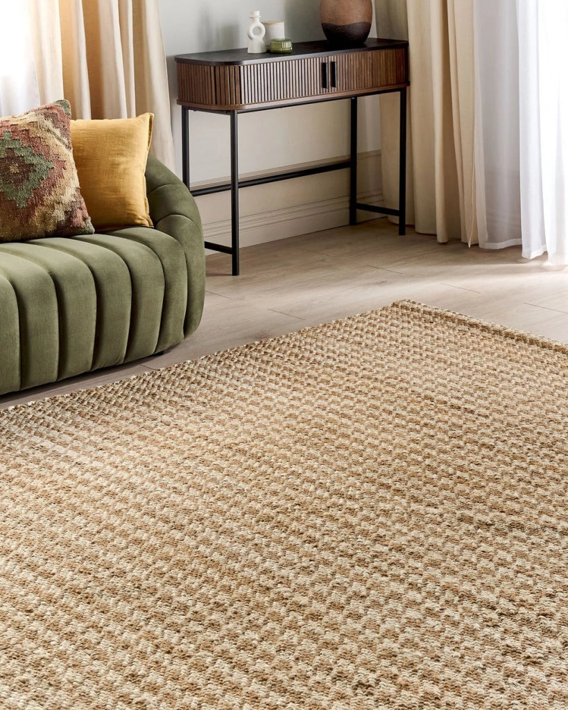 Tappeto da corridoio in iuta beige intrecciato a mano con motivo seghettato 200 x 300 cm stile boho rustico