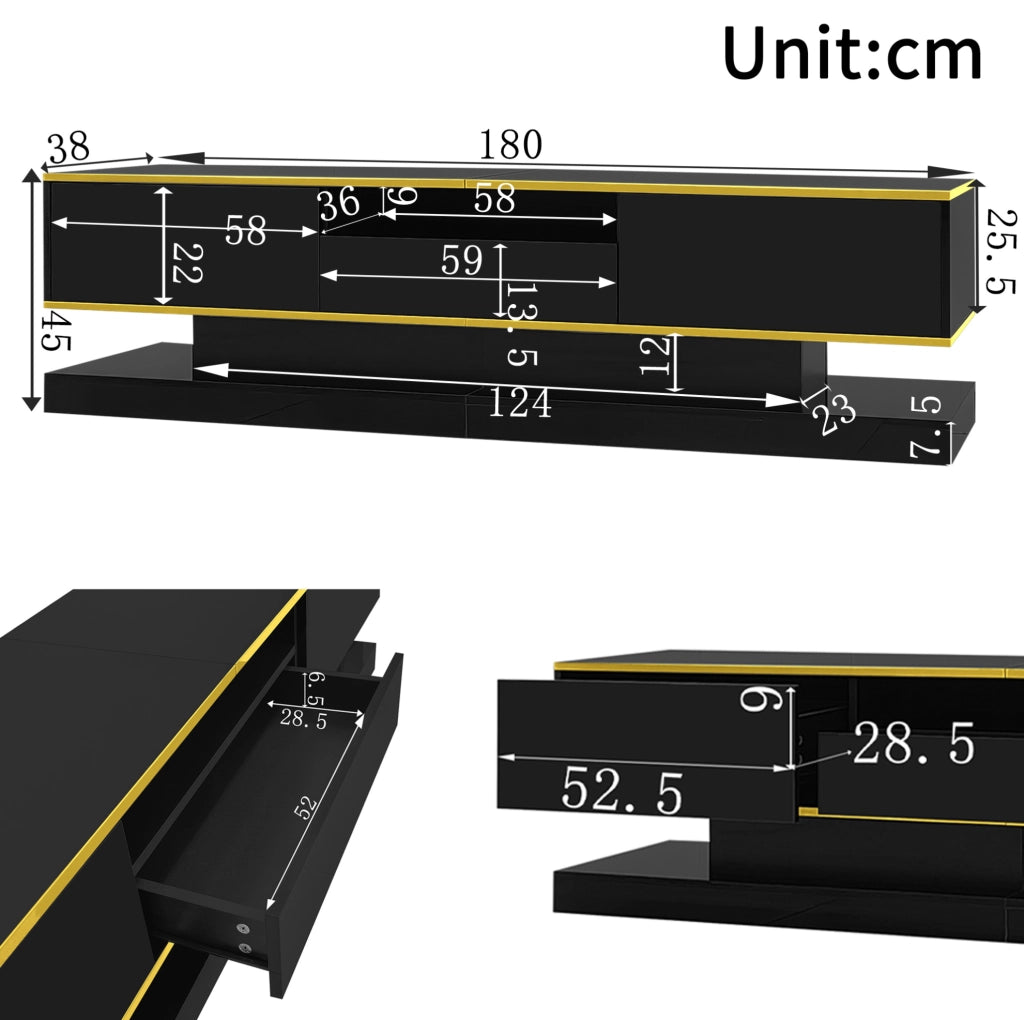 Mobile TV nero lucido con 3 cassetti; LED multicolore; 180x38x45 cm