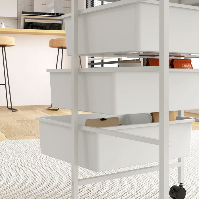 Carrello Multiuso con 3 Cestini Estraibili e Ruote 40,8x33,5x60,5 cm in Acciaio e PP Bianco