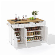 Isola da Cucina Mobile 137x45/70x89,5 cm Bianca e Legno con Piano Ribaltabile, 2 Cassetti e 6 Ruote