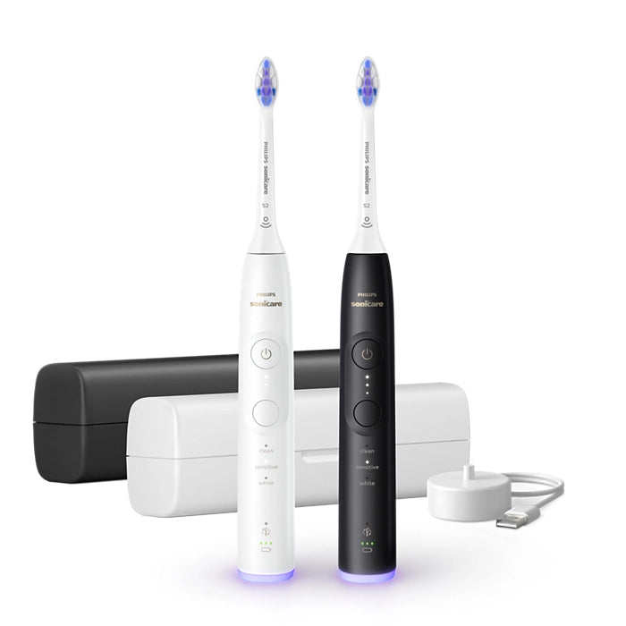 Philips sonicare serie 6500 sonicare spazzolino elettrico sonico con base di ricarica e custodia, 3 livelli di intensità, sensore di pressione confezione da 1 spazzolino bianco e 1 spazzolino nero hx7419/01
