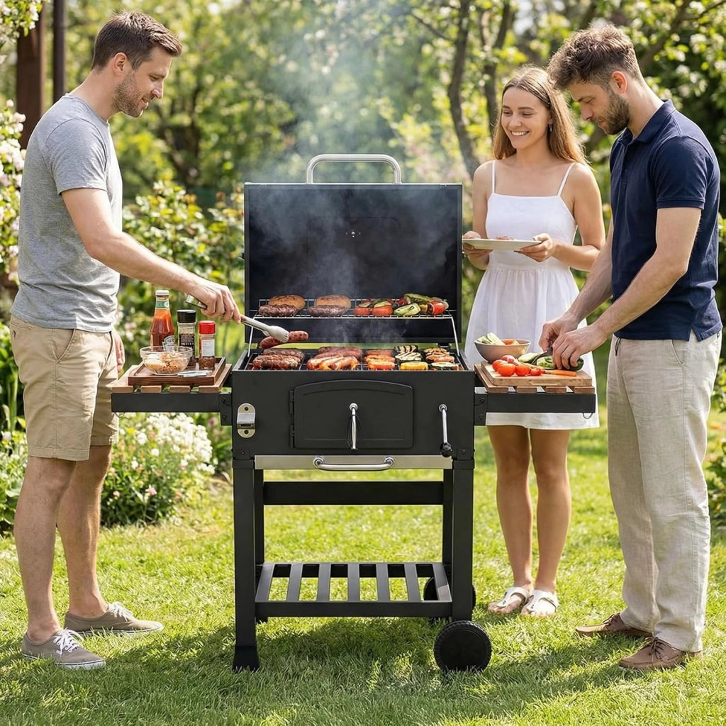 Barbecue Carbonella XXL con Coperchio, Griglia per Barbecue con Copertura Impermeabile, Ruote e Termometro, Altezza regolabile, Grande BBQ Smoke, per Campeggio, Giardino