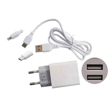 CARICATORE USB DA PARETE CON CAVO DI RICARICA 2,4A - 2 USB- 100 cm - Attacco Lightning