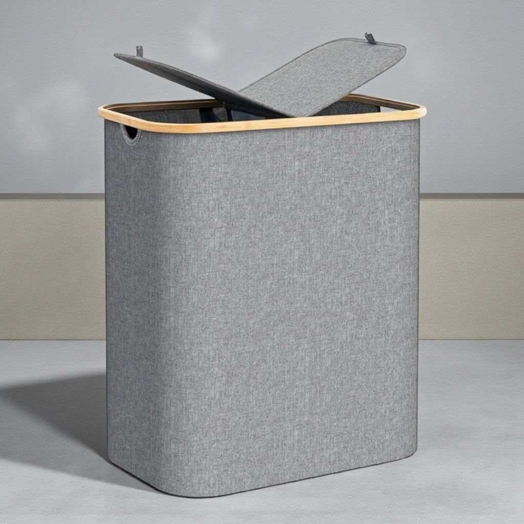 Cesto Portabiancheria Pieghevole 54x33x53cm Grigio Bambù con Coperchio 87742