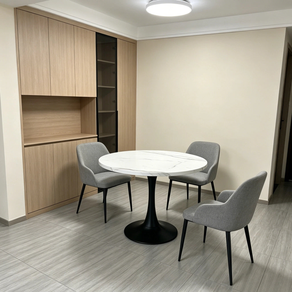 Tavolo rotondo da 80 cm effetto marmo bianco con base in metallo nero