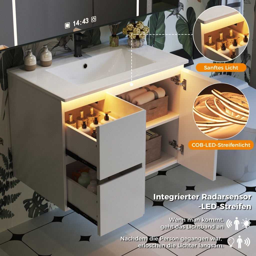Mobile sottolavabo con 2 cassetti e lavabo integrato, LED a sensore radar, per bagno, in MDF e ceramica, bianco, 76 × 47 × 57 cm