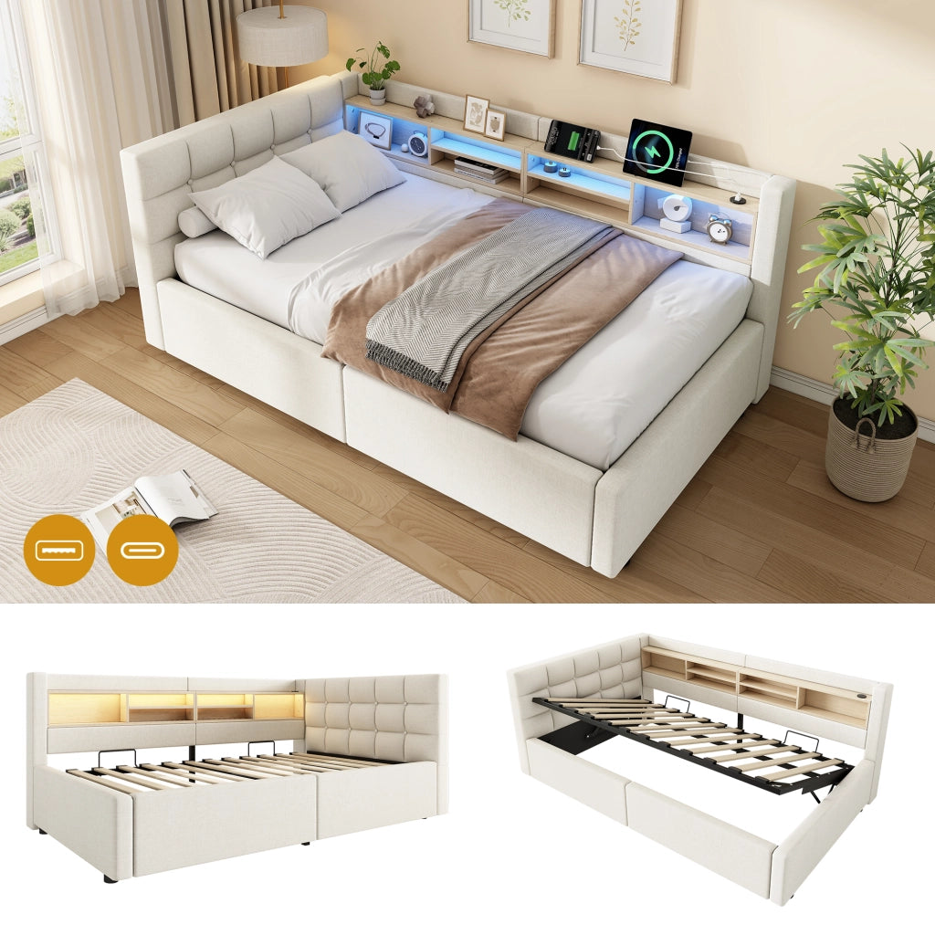 Letto contenitore 90x200 cm con LED dimmerabile; testiera con ripiano e prese USB; rivestimento in lino; beige