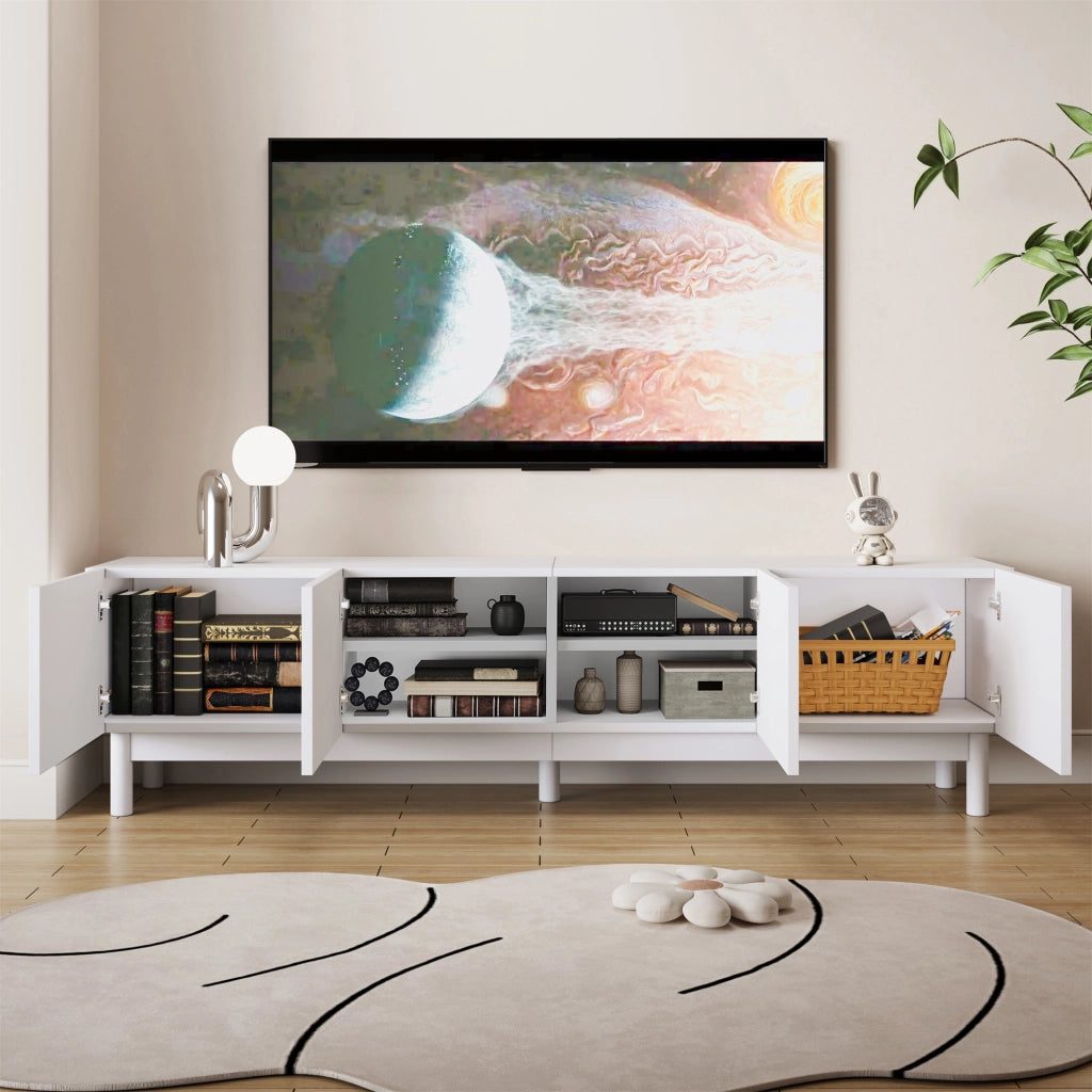 Mobile basso, mobile TV con ante curve a forma di onda, ripiani e supporto TV con gambe stabilizzatrici.