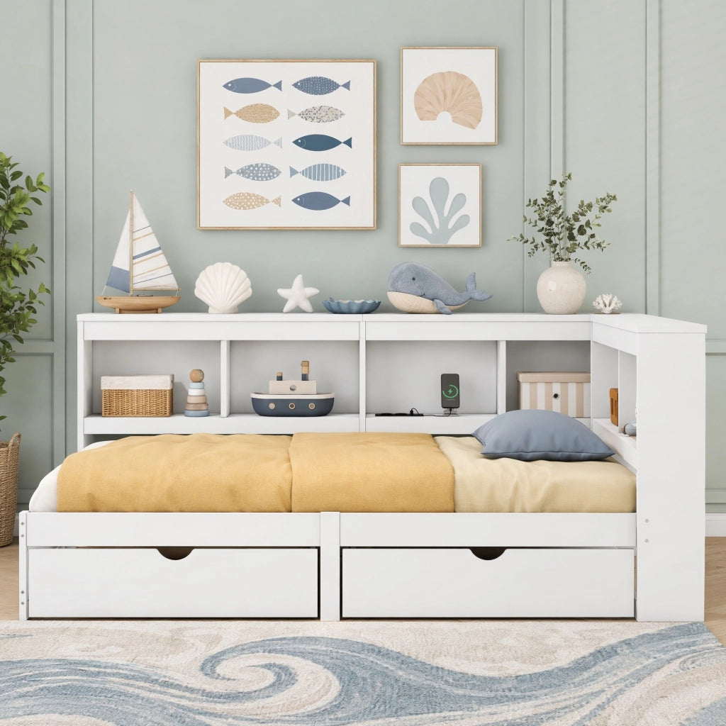 Letto daybed 90x200 cm con 2 cassetti; presa e 2 USB; ripiani laterali; bianco