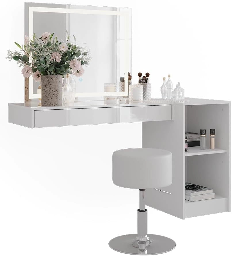 Tavolo da toeletta Sherry, Bianco, 100 cm 4 parti, con illuminazione LED e seduta imbottita per il montaggio