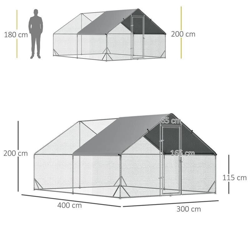 POLLAIO DA GIARDINO CON TELAIO ZINCATO, COPERTURA IMPERMEABILE E RETE ESAGONALE, 3X4X2M, ARGENTO
