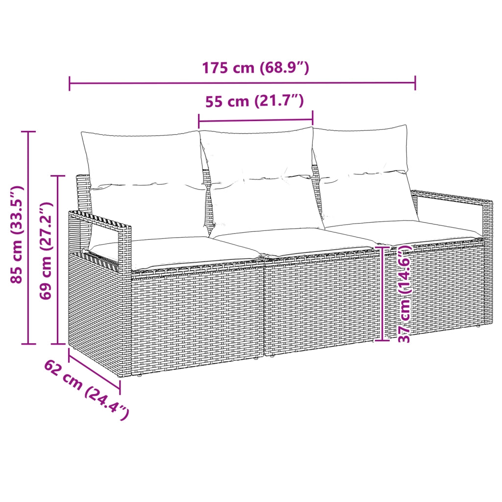 Set Divano Giardino  a 3 pezzi con Cuscini Marrone Rattan Finto