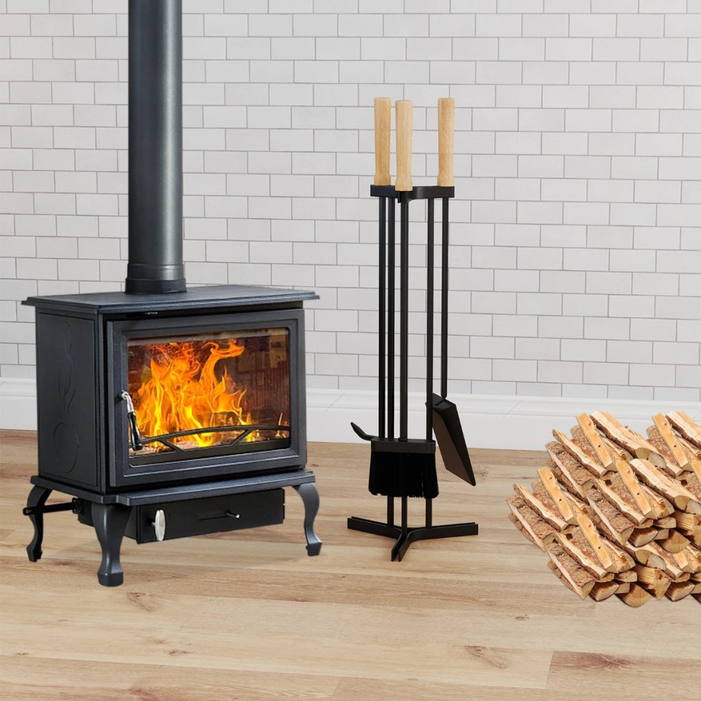 Utensili per legna da interno ed esterno con manico in legno per stufa e focolare, Set di utensili per camino a 4 pezzi Nero
