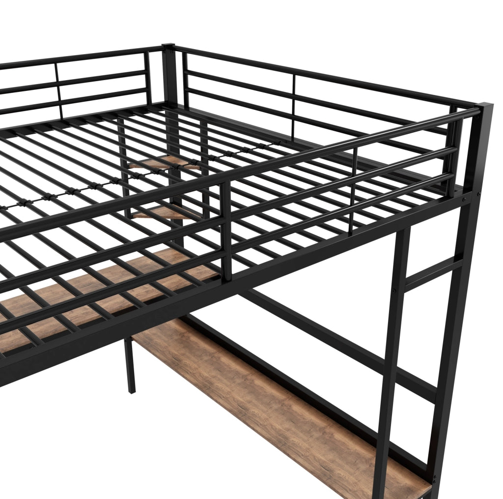 Letto a soppalco ULEVR 140x200 cm in metallo nero con scrivania, libreria e 4 ripiani