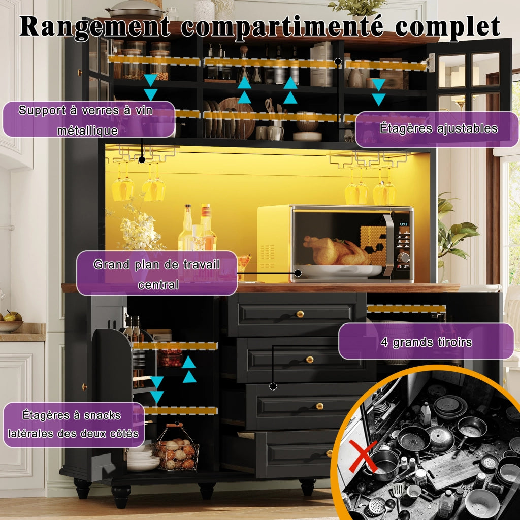 Colonna da cucina con 4 cassetti; ripiani regolabili; porta bicchieri e illuminazione RGB LED; 140 × 40 × 179;5 cm