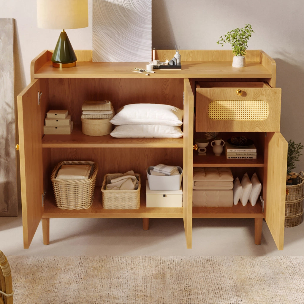Credenza con 3 ante; 1 cassetto e ripiani regolabili; per soggiorno; in MDF; 120x40x91 cm; rovere