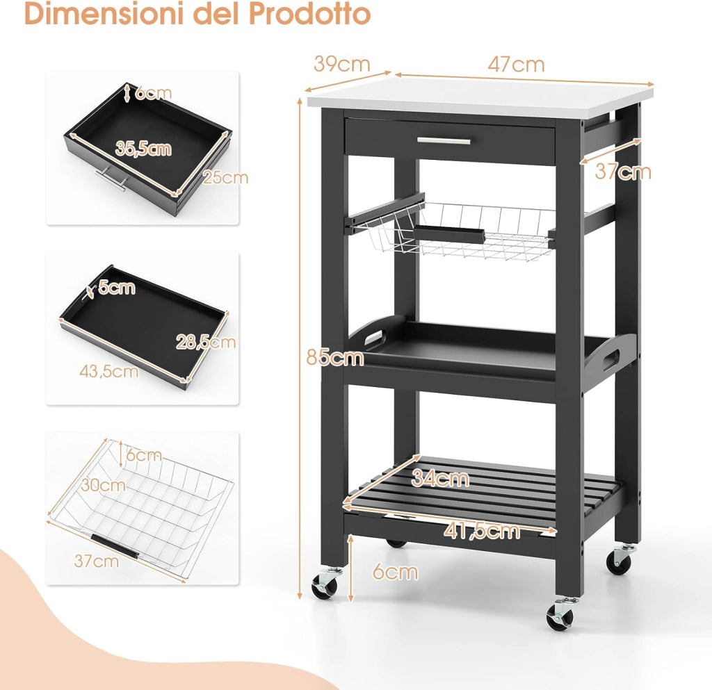 Carrello da Cucina a 4 Livelli, Isola da Cucina con Piano in Acciaio Inox, Cestino in Rete e Vassoio di Servizio Rimovibile, Carrello Bar per Cucina e Sala da Pranzo, 47x39x85 cm (Nero)