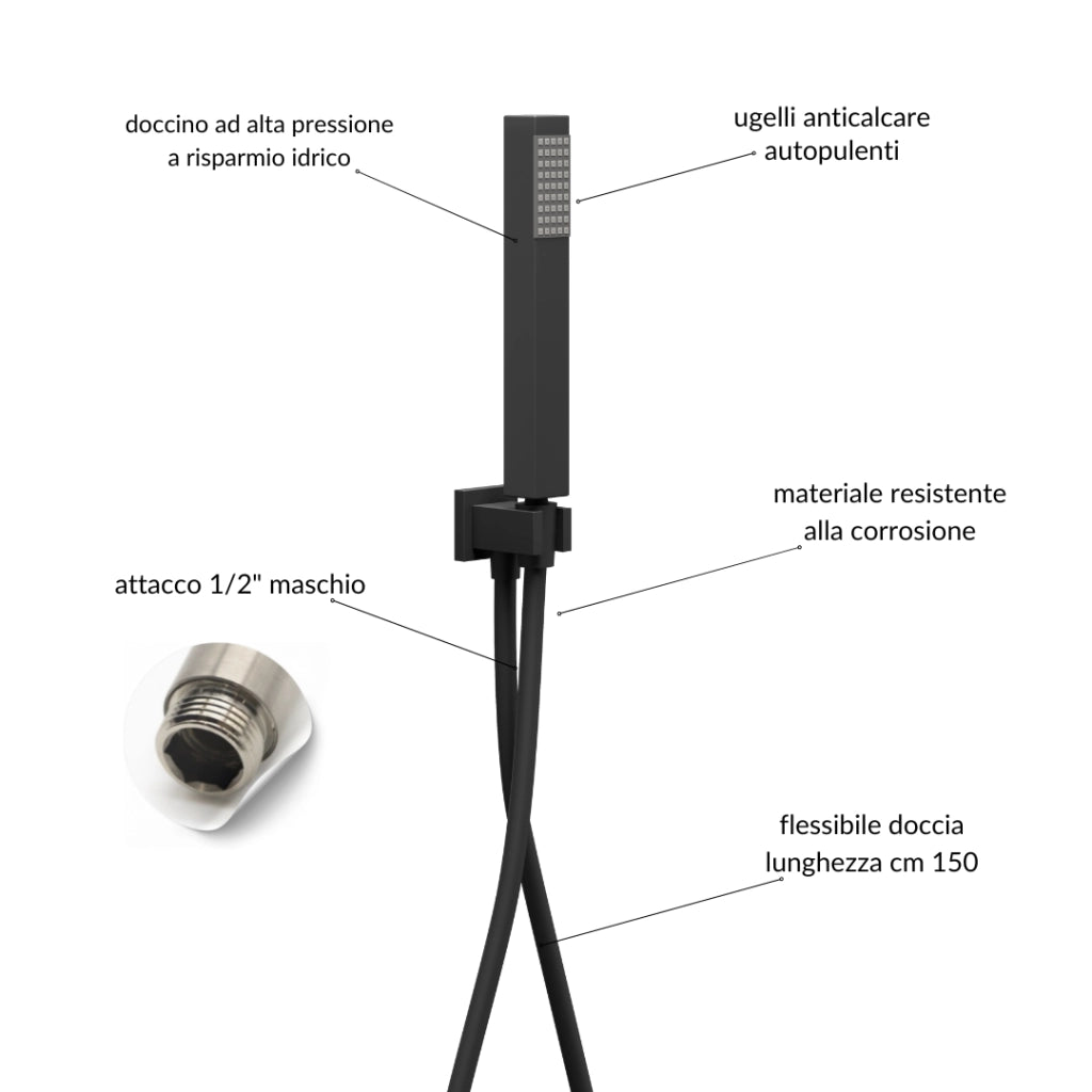 Kit doccia con soffione quadrato nero braccio presa acqua doccetta flessibile in pvc per il bagno *** confezione 1