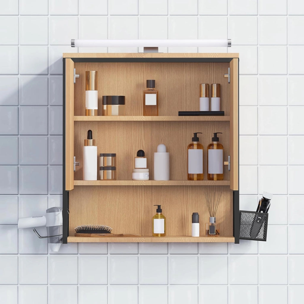 Specchio da Bagno con Contenitore e Luci, Pensile da Bagno con 2 Ante, 1 Scomparto Aperto e 2 Vani Chiusi, Ripiano Interno Regolabile, Nero + Rovere Chiaro, 56x14,5x60 cm