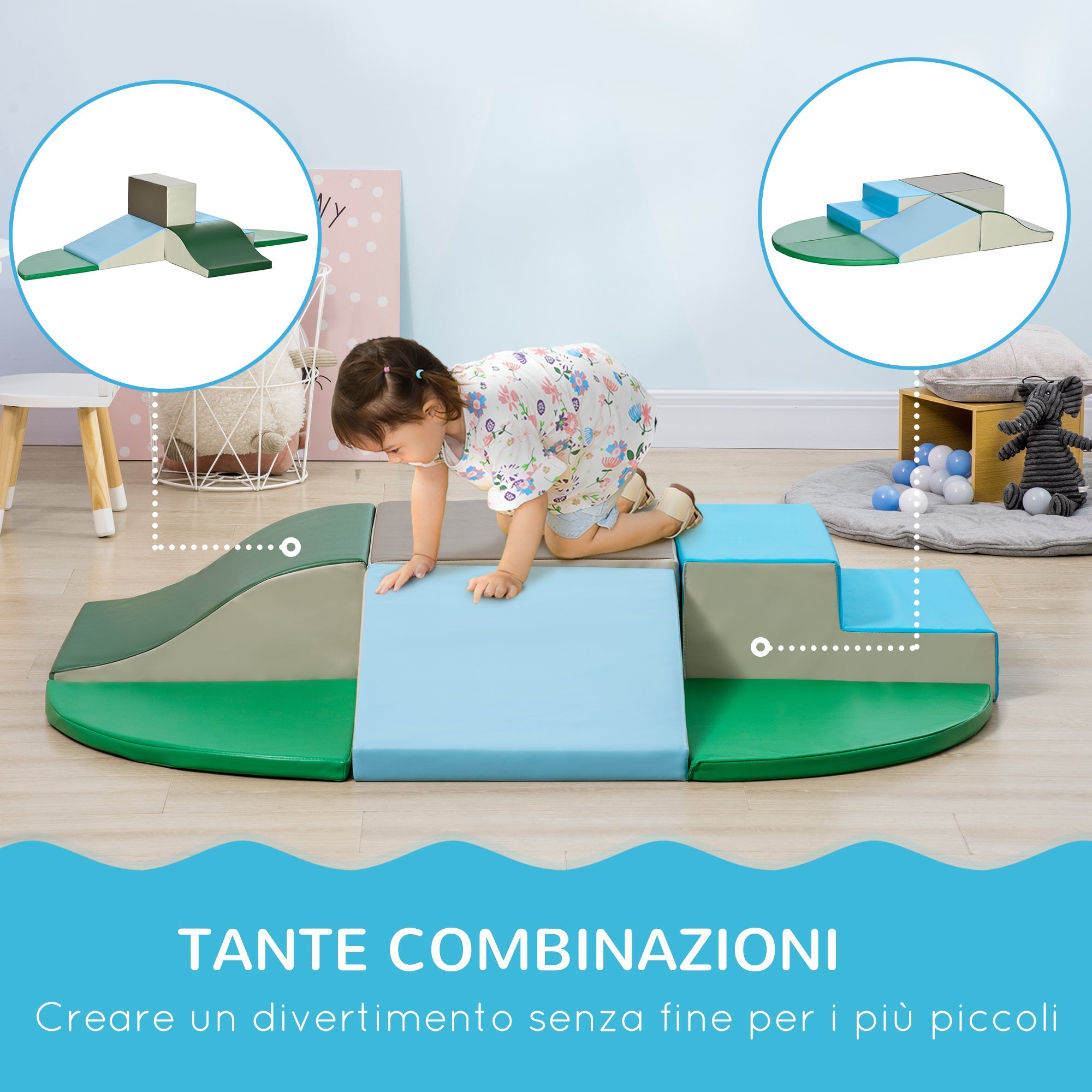 Set 6 Costruzioni Morbide per Bambini 1-3 Anni in PU ed EPE Multicolore Verde e Blu