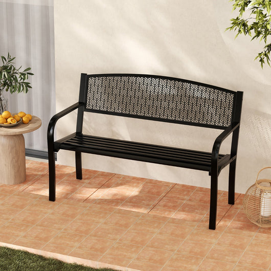 Panca metallica da esterno in stile parco per giardino per 2-3 persone, Panca metallica da patio da 128 cm Nero-Panchine