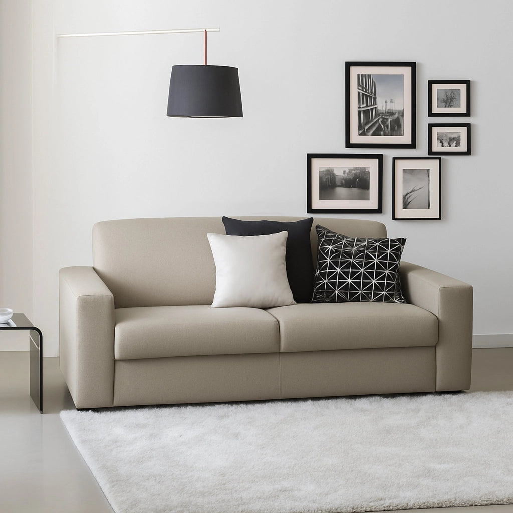 Divano fisso Larimar, Divano a 3 posti, Made in Italy, SofÒ  Soggiorno, in tessuto imbottito, con Braccioli slim, cm 200x95h90, Tortora