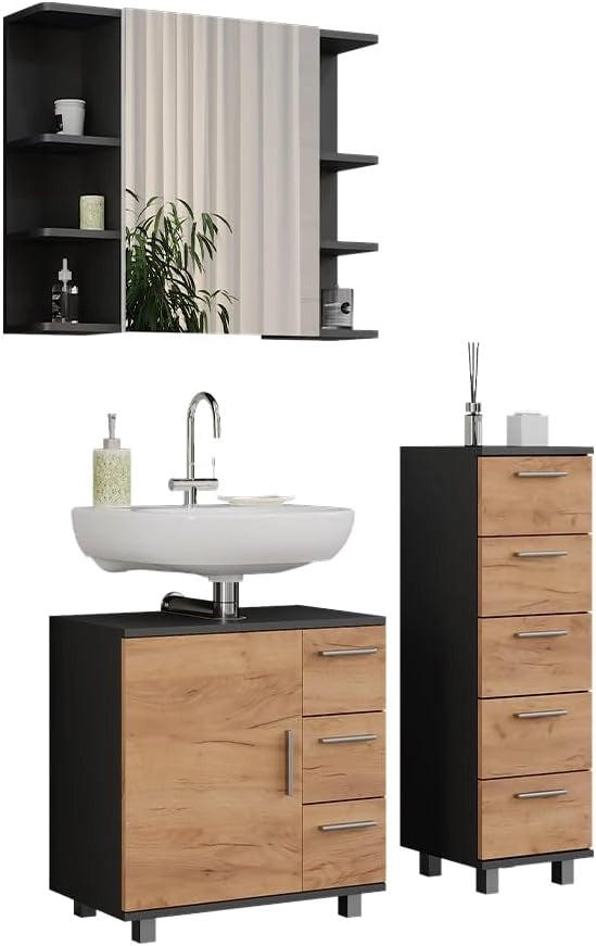 Set di mobili da bagno Ilias, Antracite/quercia dorata, 60.2 cm, composto da mobile sottolavabo, specchiera e mobile medio