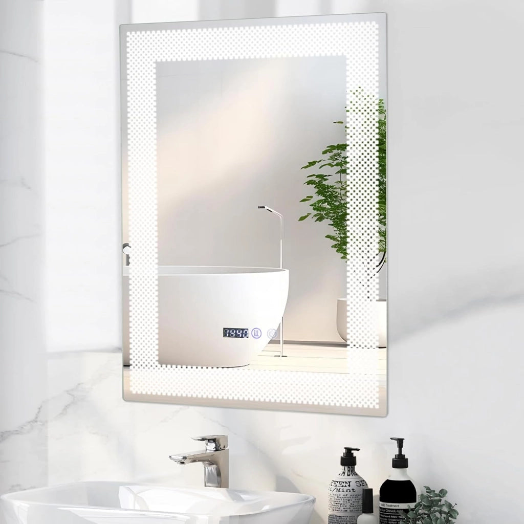 Specchio LED a Parete 70x50cm, Specchio da Bagno HD Antappannamento con 3 Luci Colori, Funzione Memoria Lettura di Tempo e Temperatura, Specchio rettangolare Intelligente IP44