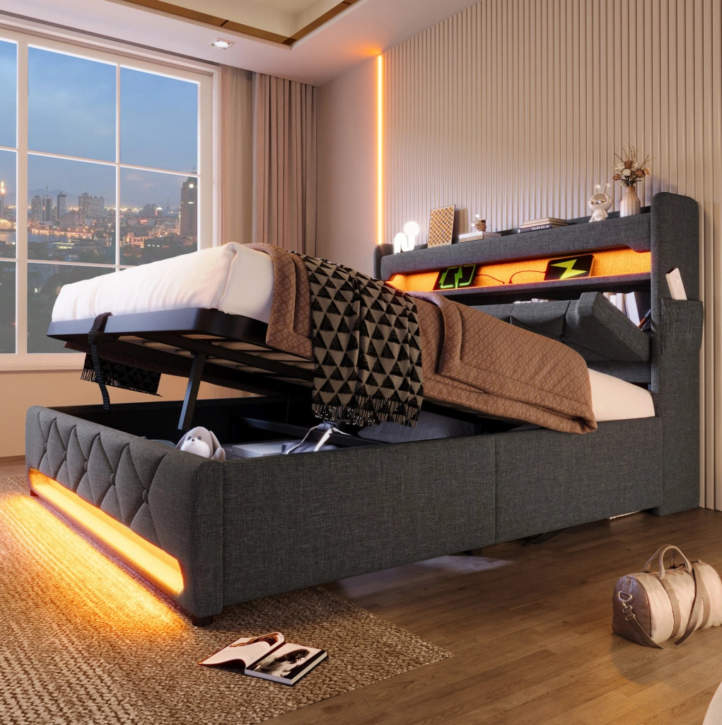 Letto matrimoniale 180x200 cm con contenitore idraulico; LED 360°; USB e Type-C; grigio