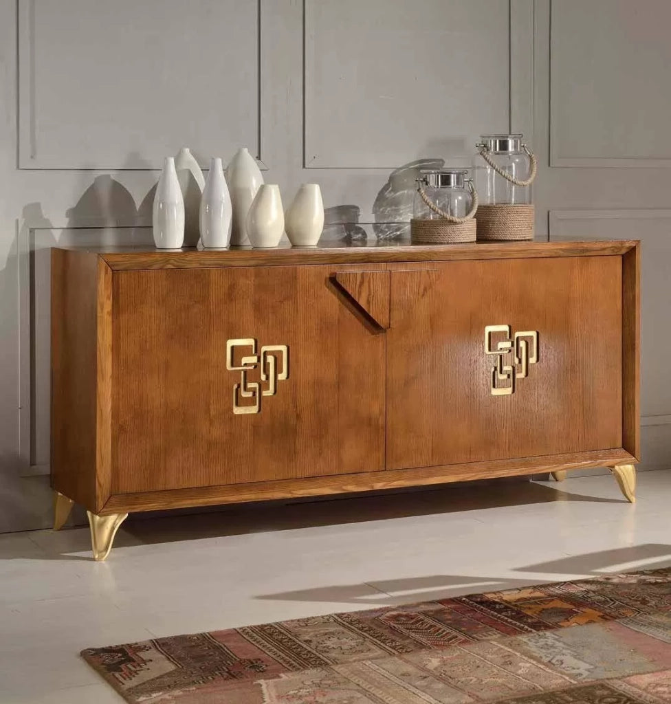 Credenza frassino chiaro poro aperto  2 porte con particolari in foglia oro l.180 p.50 h.88 - Mobili 2G