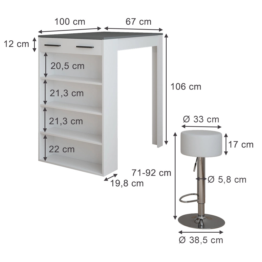 Vicco tavolo bar con sgabelli Bianco/antracite 67 x 100 cm con 2 sgabelli da bar