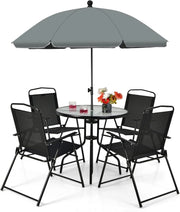 Set di Mobili da Giardino da 6 Pezzi, Tavolino da Caffè con Ombrellone, Piano in Vetro Temperato e 4 Sedie Pieghevoli, Set da Pranzo da Patio Terrazza Bordo Piscina