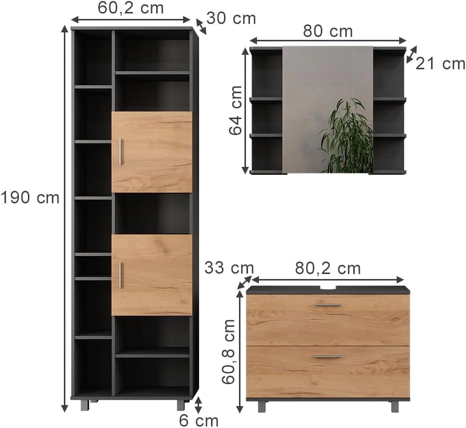 Set di mobili da bagno Ilias, Quercia dorata/antracite, 80.2 cm, composto da mobile sottolavabo, specchiera e colonna alta