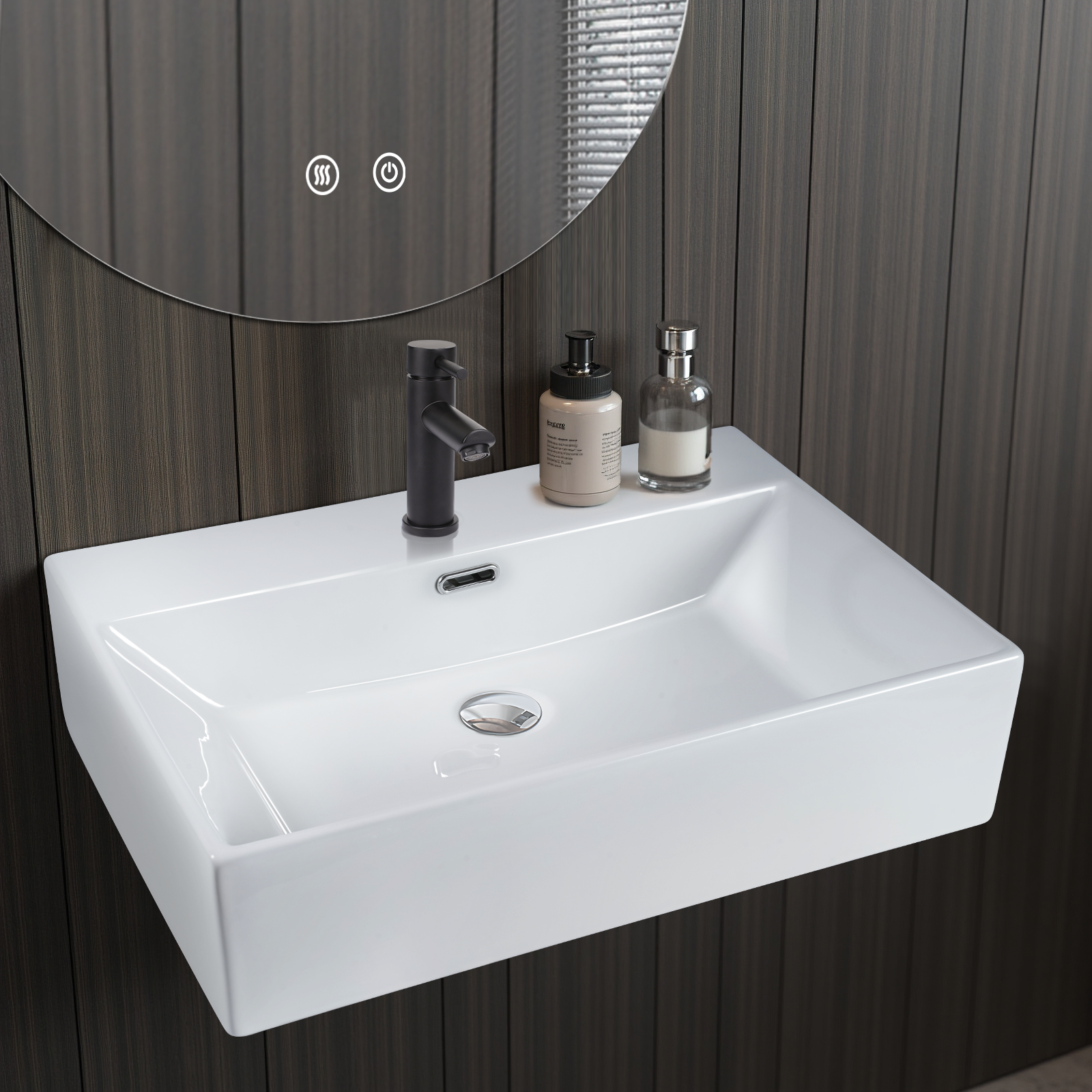 ZMH Lavabo da appoggio per bagno lavabo da appoggio rettangolare in ceramica bianca 60x42x15cm
