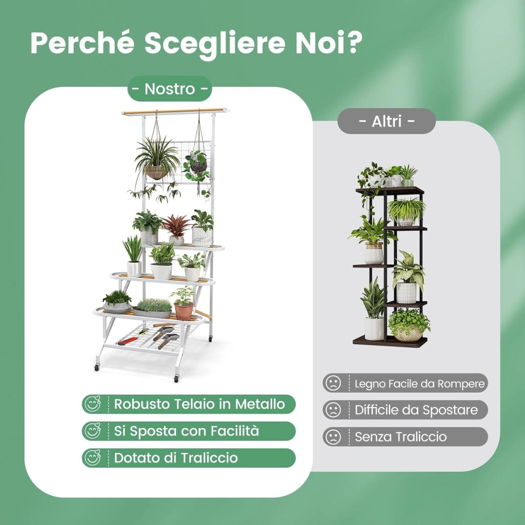 Scaffale per Piante da Interno ed Esterno, Porta Piante a 4 Livelli con Ruote, Barra e Traliccio, Portafiori da Soggiorno, Balcone, Giardino e Terrazzo, 80 x 85 x 175 cm