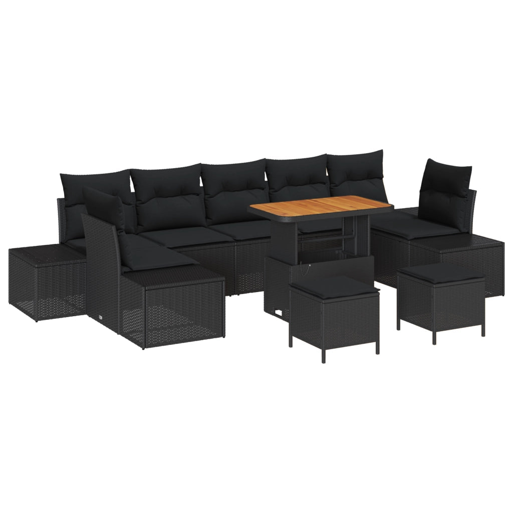 Set Divano da Giardino  10 Pezzi con Cuscini in Rattan Nero e Acacia