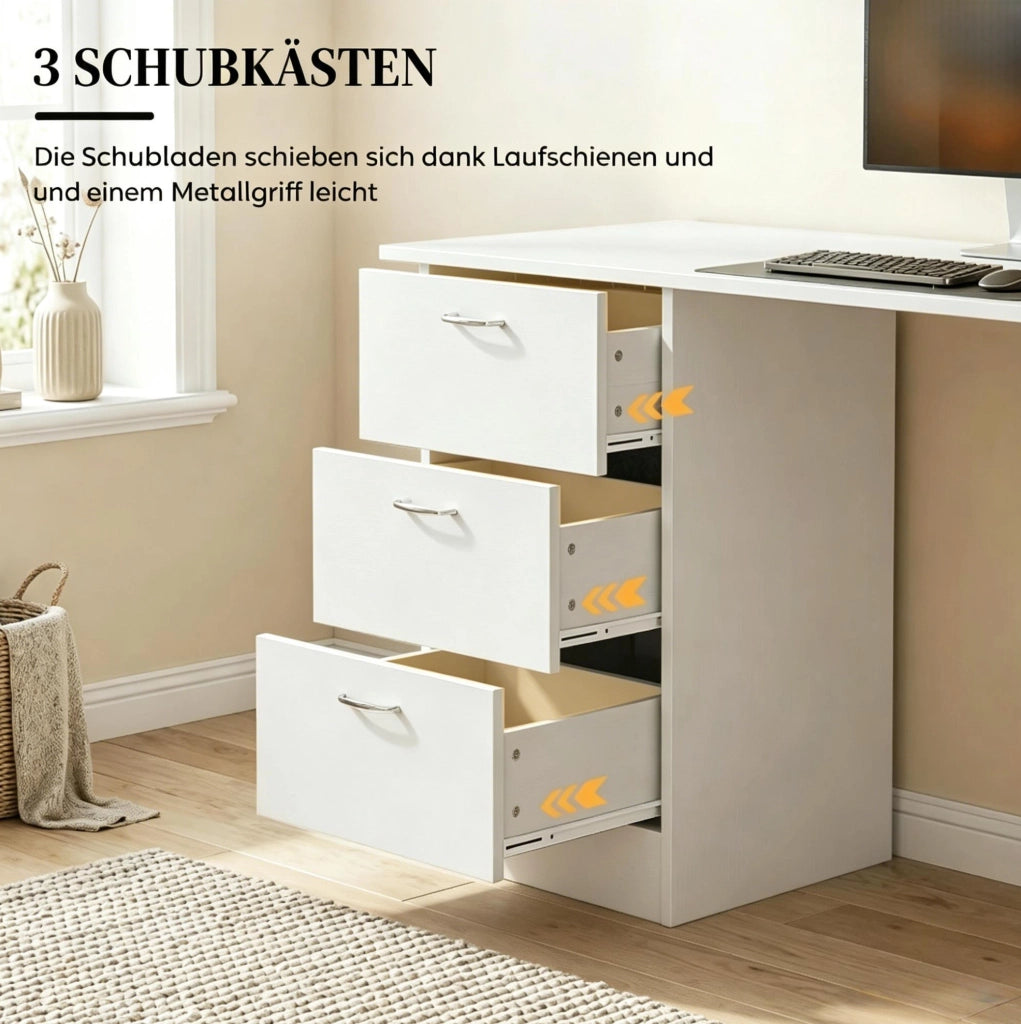 Scrivania per computer in MDF bianco 120x49x72 cm con 3 cassetti e ripiani regolabili