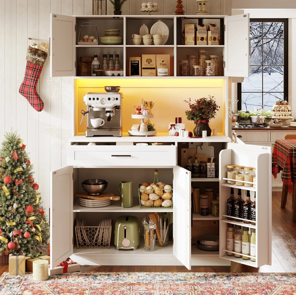 Credenza da cucina con LED e prese, bianca, 110x38x180 cm