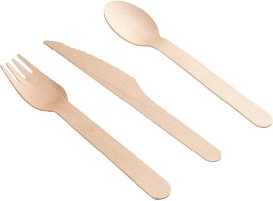 Set di Cibi Disponibili a 150 pezzi - 100% Biodegradabile Legno - Inclusi 50 Coltelli, 50 Cucchiai, 50 Cucchiai