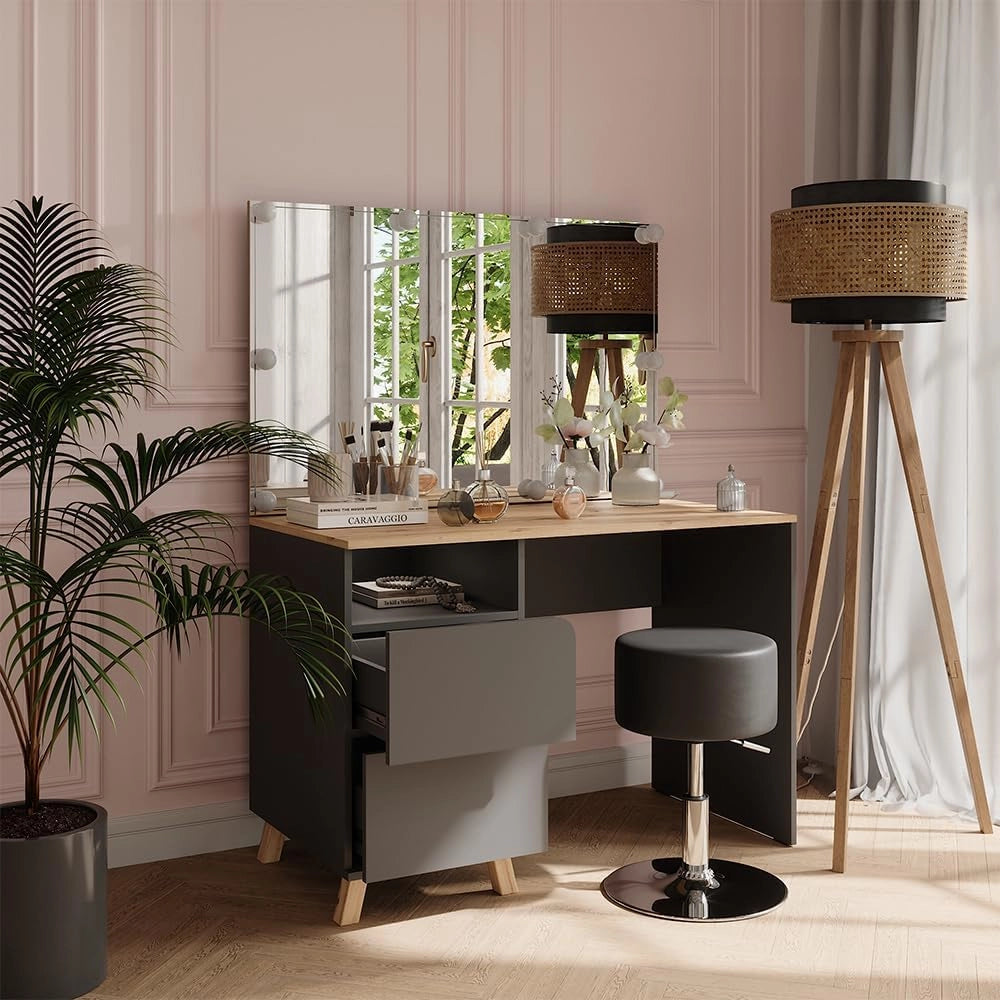 Tavolo da toeletta Karen, Antracite/Artisan, 110 cm con sgabello e luci fiabesche a LED, Materiali robusti per un utilizzo duraturo