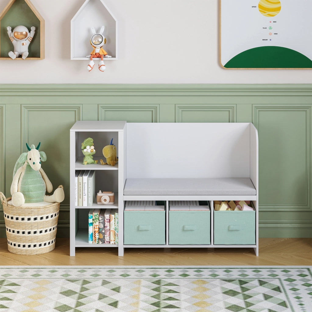 Scaffale per Cameretta Høylandet con Panca Scomparti e Scatole 76 x 112 x 40 cm - Bianco / Verde Menta [en.casa]