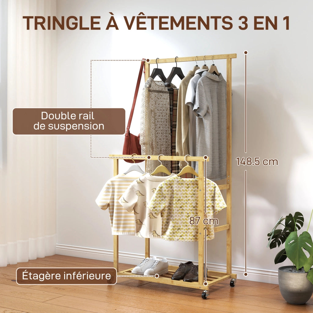 Appendiabiti con ruote e ripiano ¨C zephmum ¨C 80x40x160cm, bamb¨´ naturale