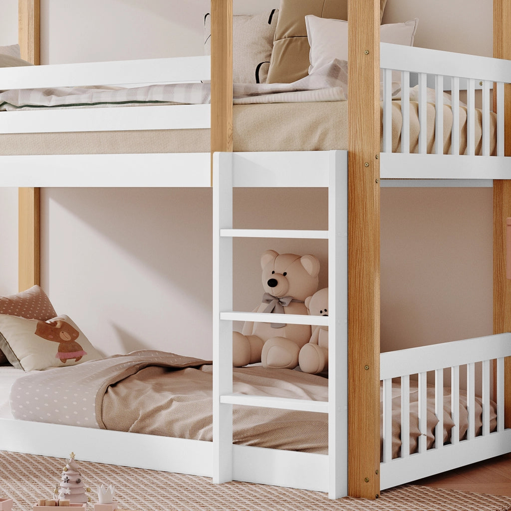 OKWISH Letto a Castello 90×200 cm, Letto Singolo con Scivolo, Scala 3 Gradini e Finestra, senza Materasso, in Legno, Bianco e Naturale
