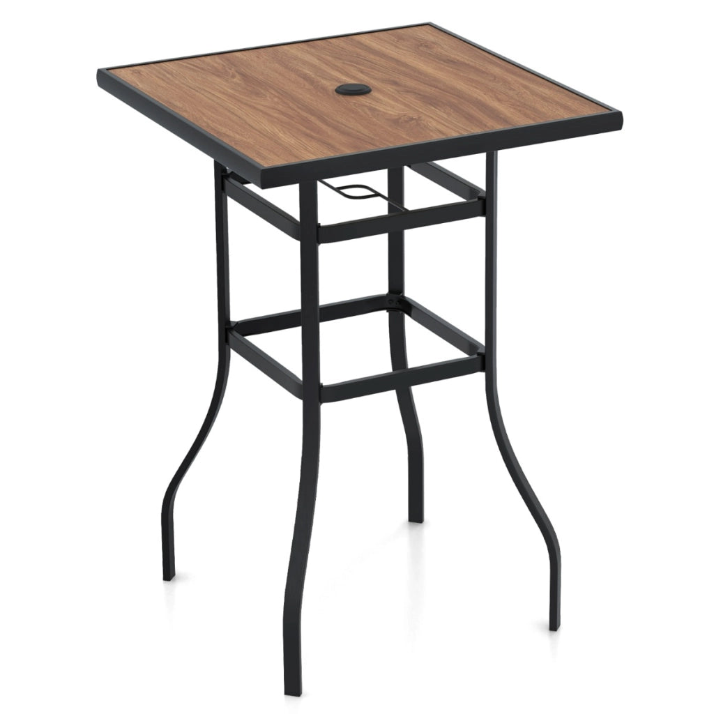Tavolo da bar da giardino 70cm con piano in finta legno foro per ombrellone da 39mm, Tavolo quadrato da bistro-Tavoli da esterno