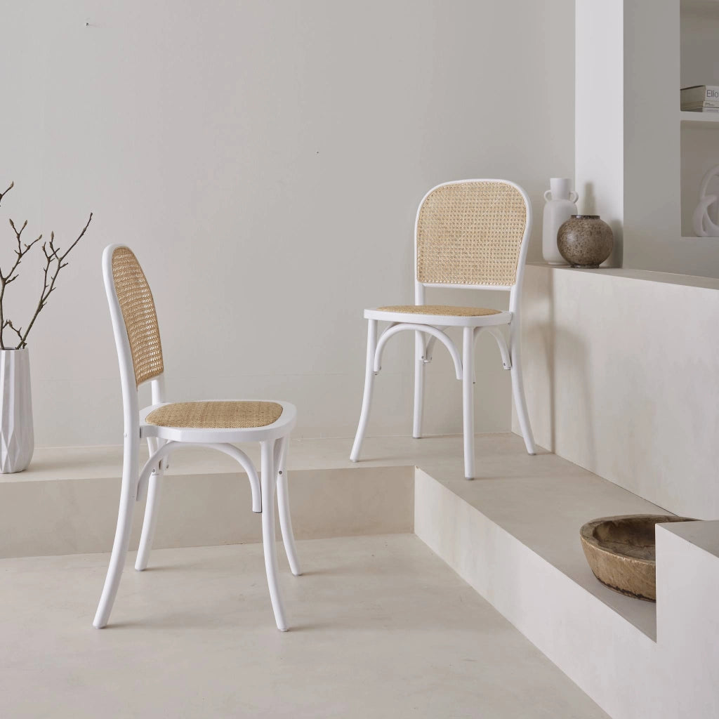 Set di 2 sedie vintage in legno e rattan, bianco