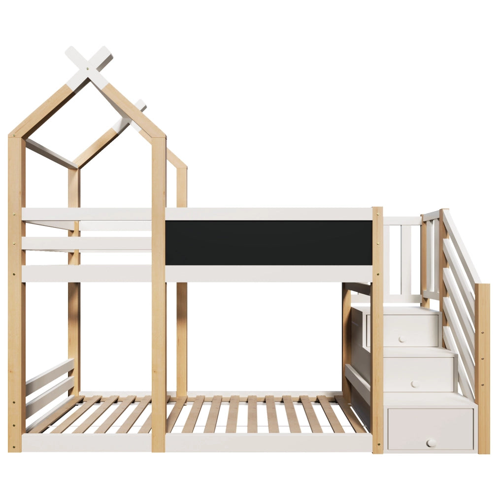 Letto a soppalco per bambini 90x200 cm con lavagna; scala contenitore in legno e bianco