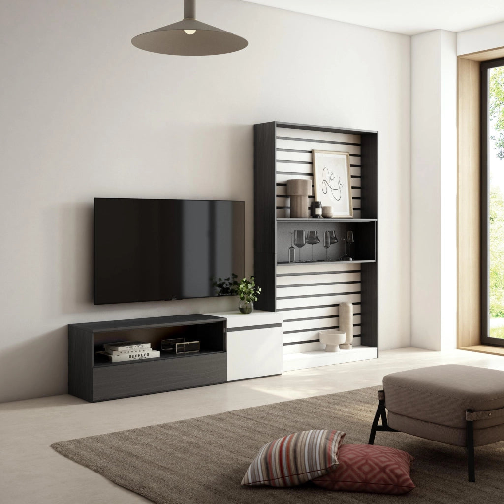 Mobile TV, Soggiorno, 260x35x186cm, Per TV fino a 65", Set di mobili, Bianco e nero RF2543