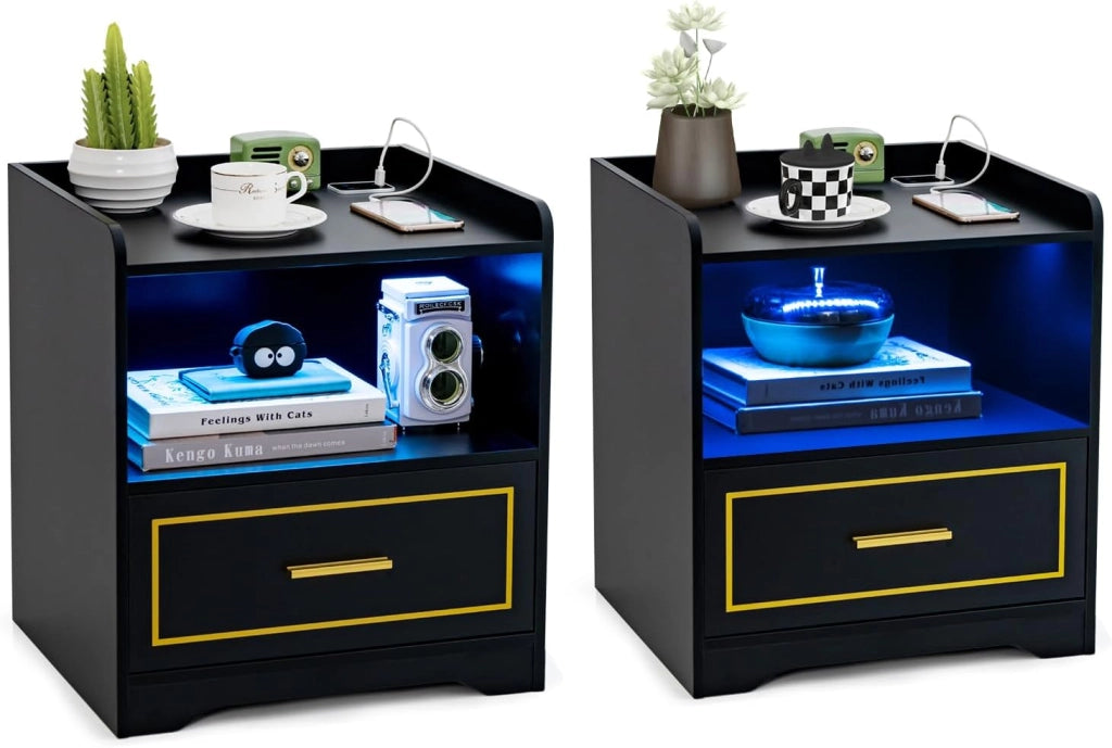Comodino con LED, Comodino Intelligente con 2 Porte USB, Ripiano Aperto e Cassetto, Luci a Colori Variabili, Bianco, 45 x 40 x 50 cm (2, Nero)